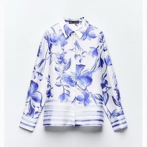 Zara - Floral Blue And White Lightweight Long Sleeve Button Down Blouse Size XS